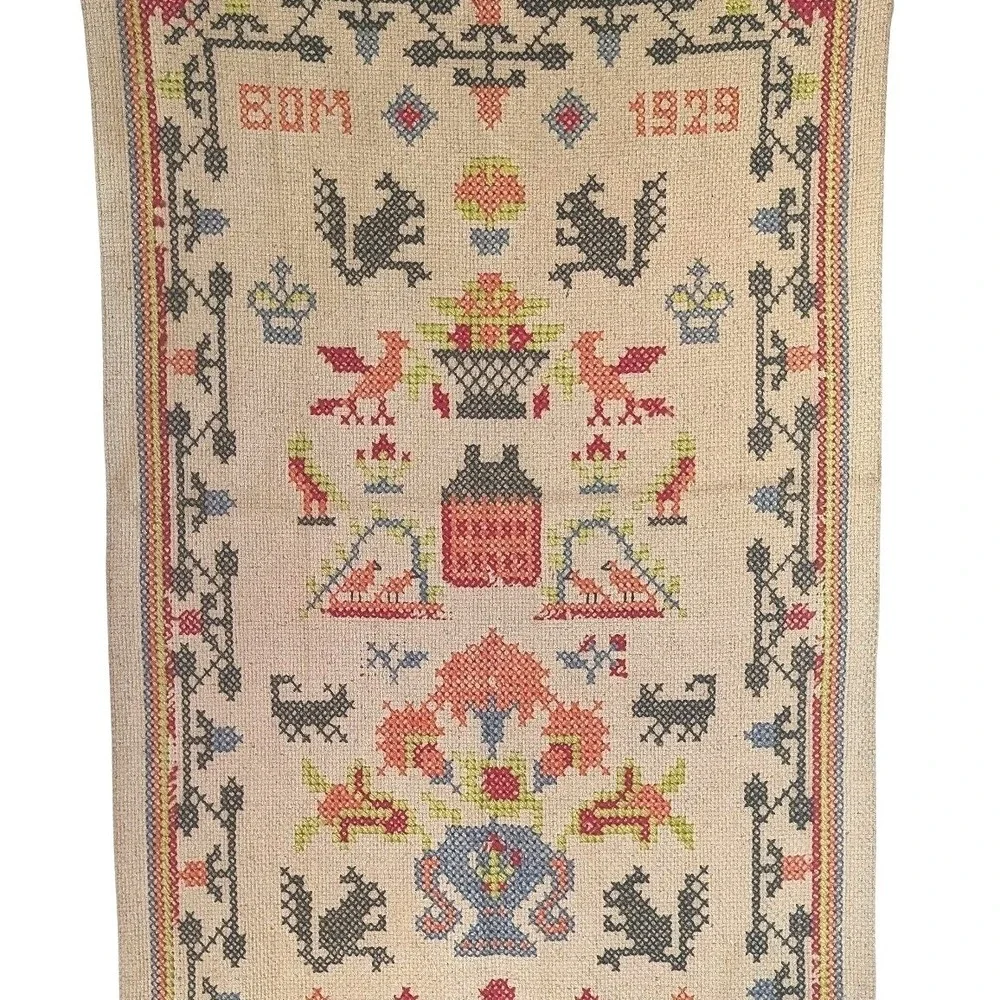Antique 1929 Cross Stitch Sampler Old Hand Stitched Folk Art Bird Large Tapestry